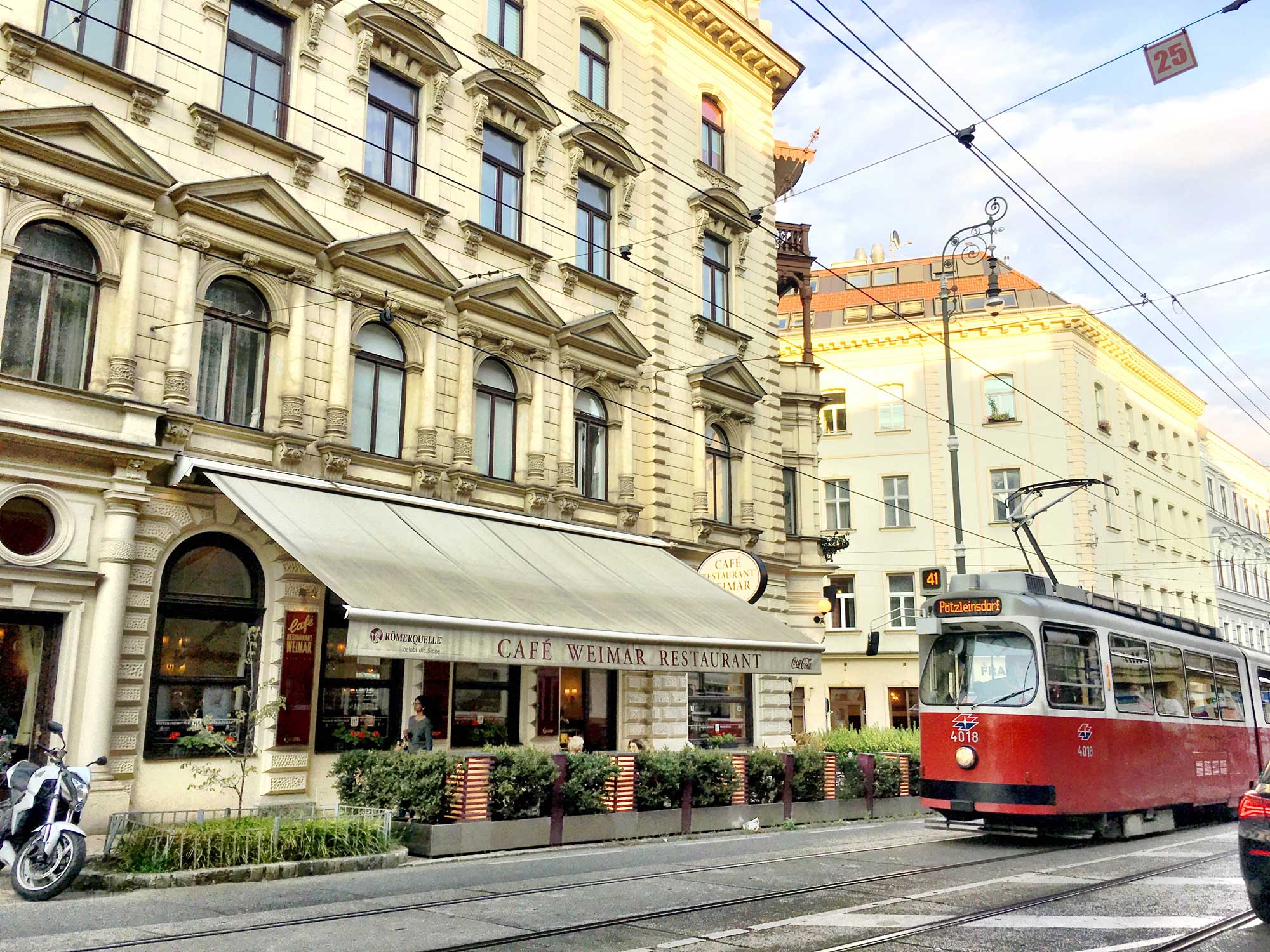 Café Weimar street view with tram